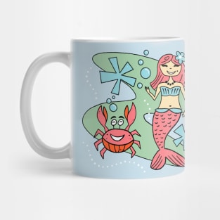 Cute Sweet Retro Mermaid Girl and Funny Crab Friend Mug